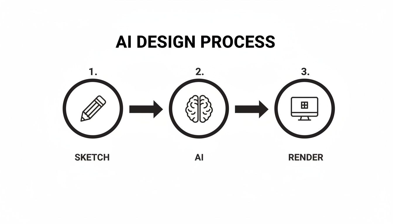 Flowchart illustrating the AI design process from initial sketch to AI generation and final rendering.