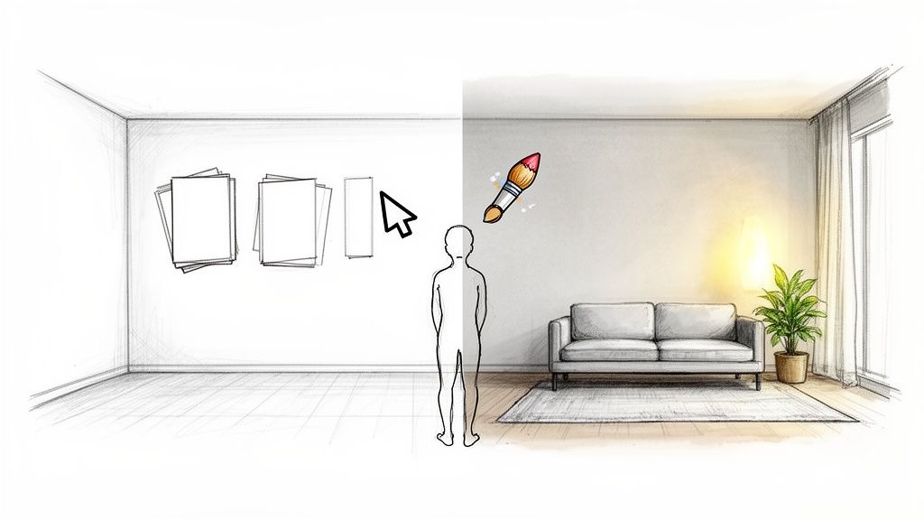 Illustration of a room transforming from an empty sketch to a fully furnished and decorated living space.