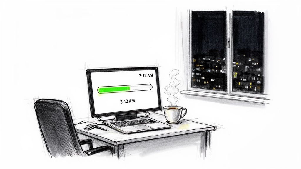 An illustration of a desk at 3:12 AM with a laptop displaying a loading bar, coffee, and a window showing a night city.