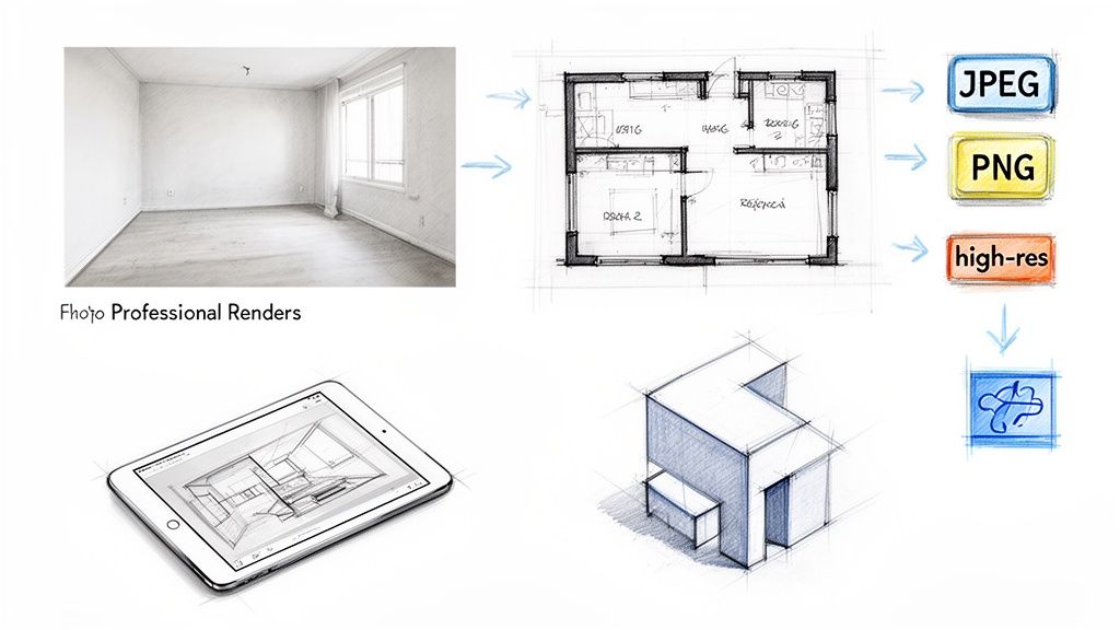 Visualization workflow transforming photos into architectural floor plans, 3D models, and digital renders.
