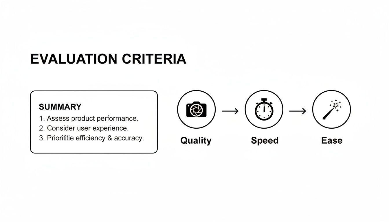 Diagram outlining product evaluation criteria: quality, speed, and ease, with a summary list.