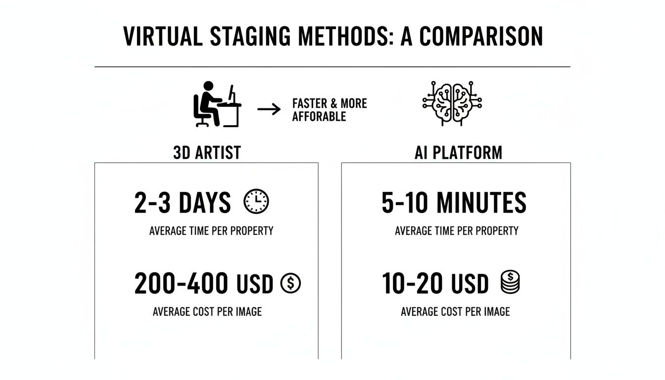 Infographic comparing virtual staging methods: 3D artist vs. AI platform, highlighting time and cost differences.