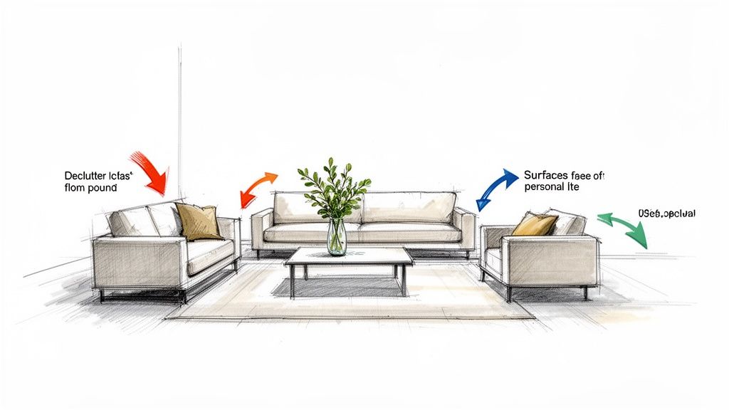 A sketch illustrating a neat living room with a sofa, armchairs, and coffee table, emphasizing decluttering.