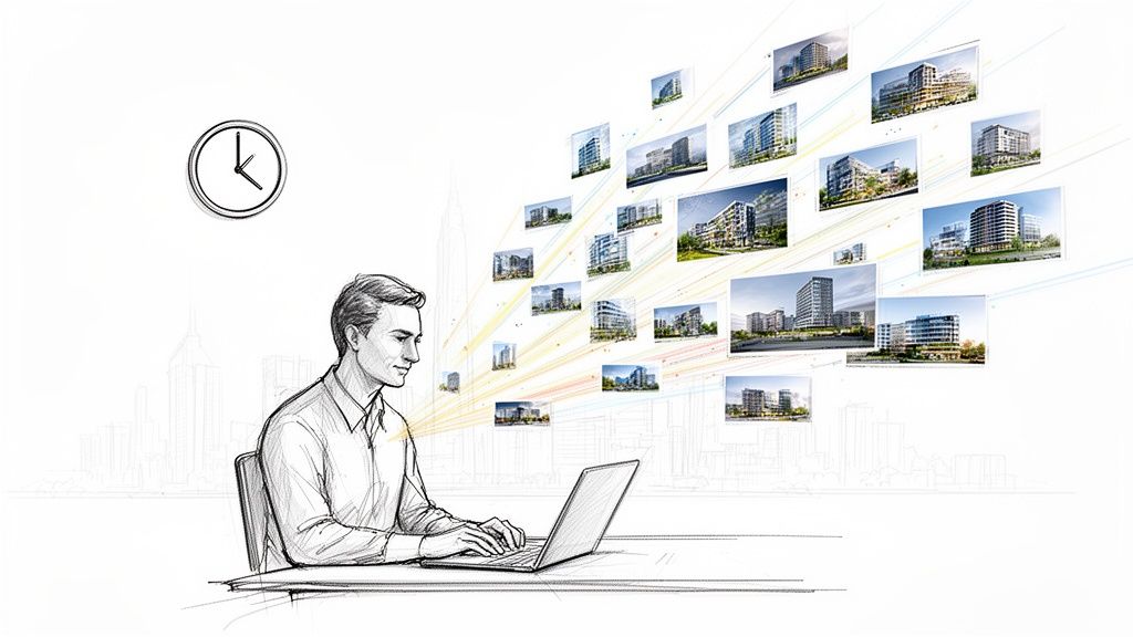 Sketch of a man working on a laptop, digitally visualizing numerous building designs, with a clock icon.