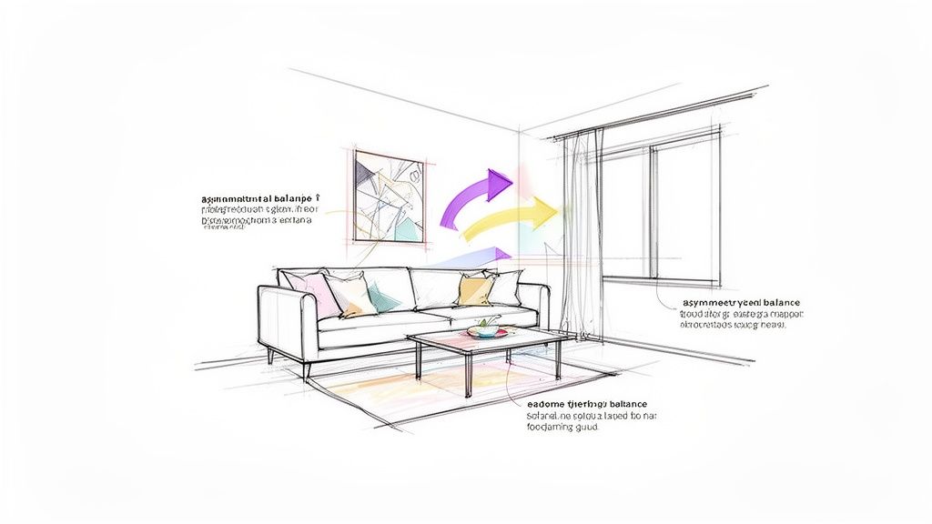Hand-drawn sketch of a modern living room interior with a sofa, coffee table, and window, illustrating design concepts.