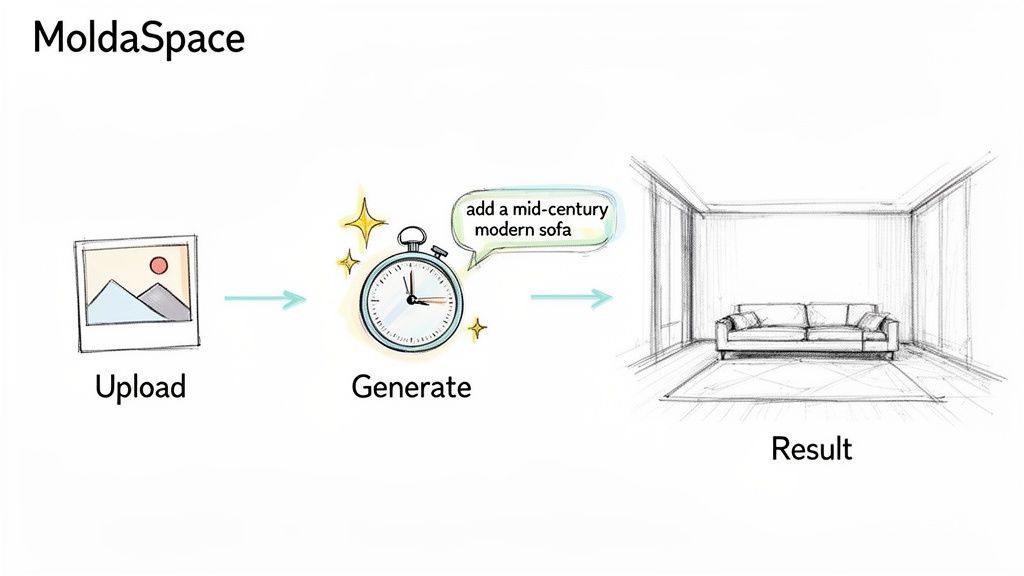 MoldaSpace virtual staging workflow: upload image, generate a mid-century modern sofa, see the result.