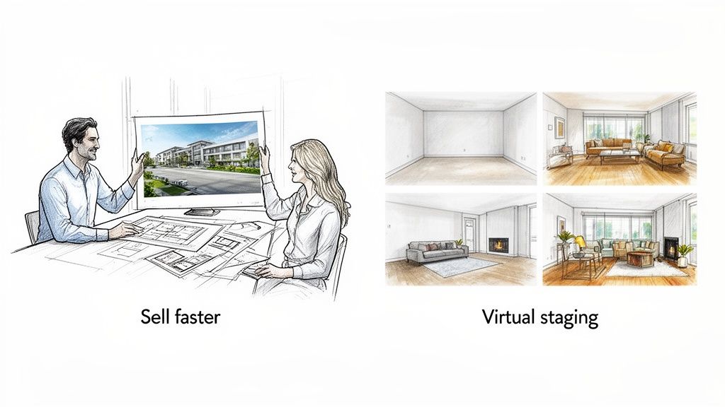 A man and woman review architectural plans, with examples of virtual staging for rooms.