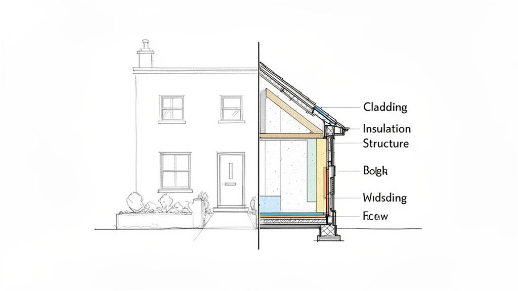 Detailed architectural drawing of a house, half exterior, half cross-section with labeled construction elements.