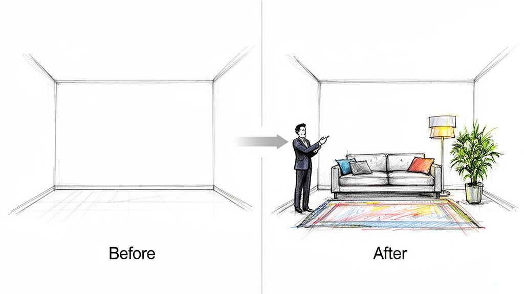 A sketch showing an empty room transforming into a furnished living room with a man, sofa, and plant.