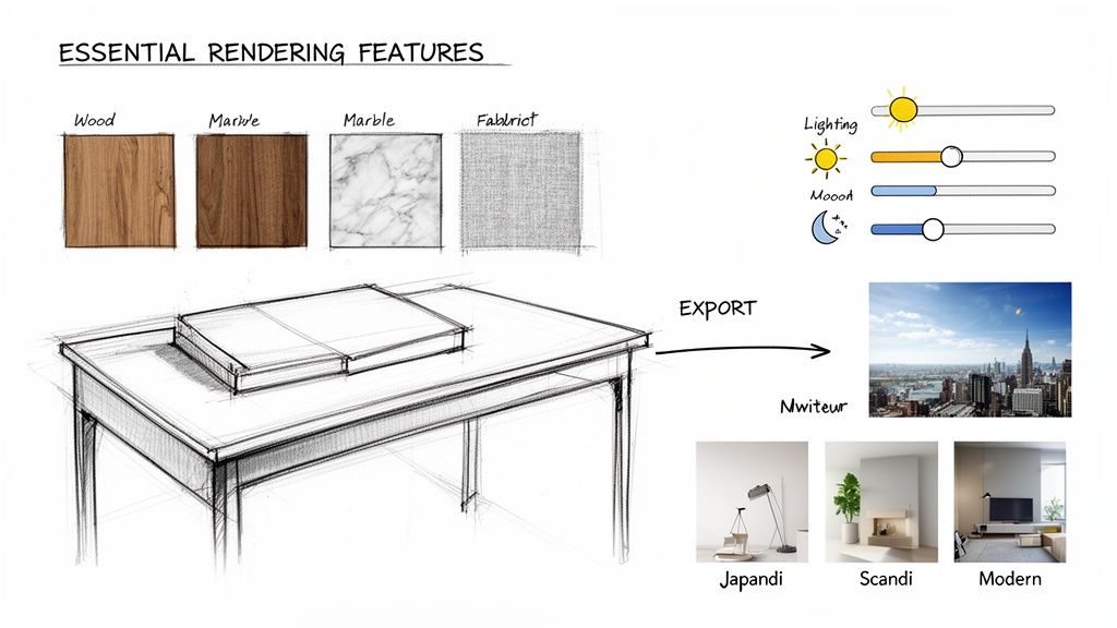 Diagram illustrating essential rendering software features: material swatches, lighting controls, and design styles.
