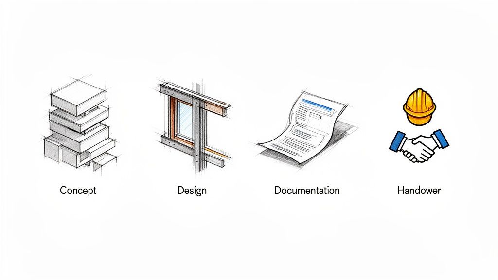 Illustrative sketches showing four stages of an architectural project: concept, design, documentation, and handover.