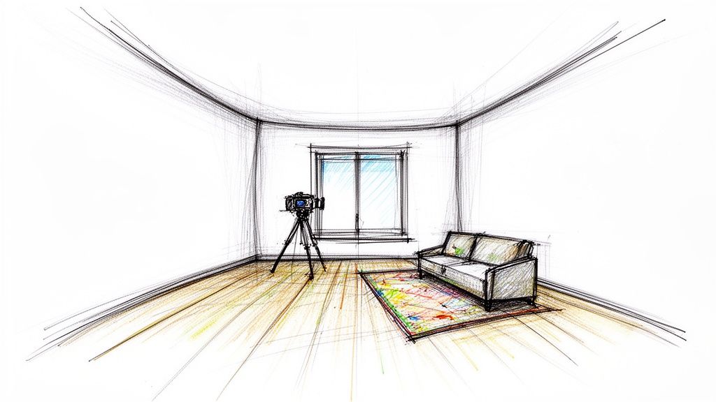 Hand-drawn sketch of an empty room with a camera on a tripod, window, sofa, and colorful rug.
