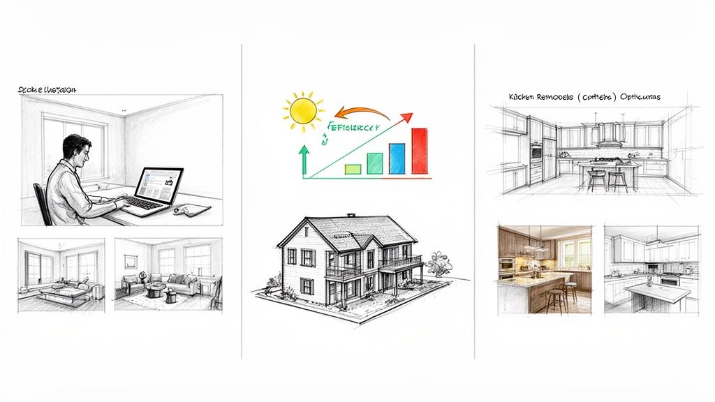 Detailed hand-drawn architectural sketches of home interiors, a house, and an efficiency graph.