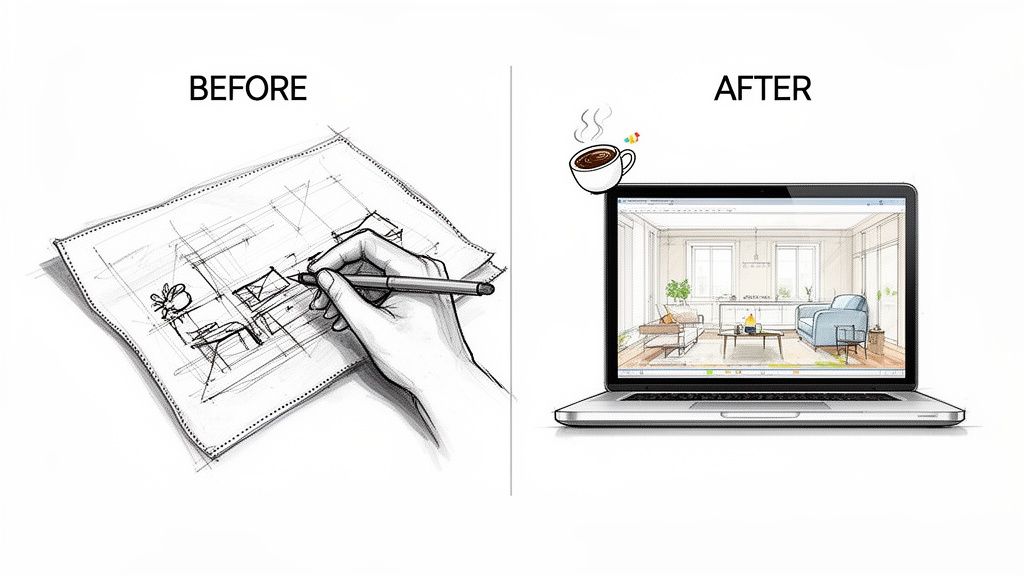 A hand sketches an interior design on paper, transforming into a digital rendering on a laptop.