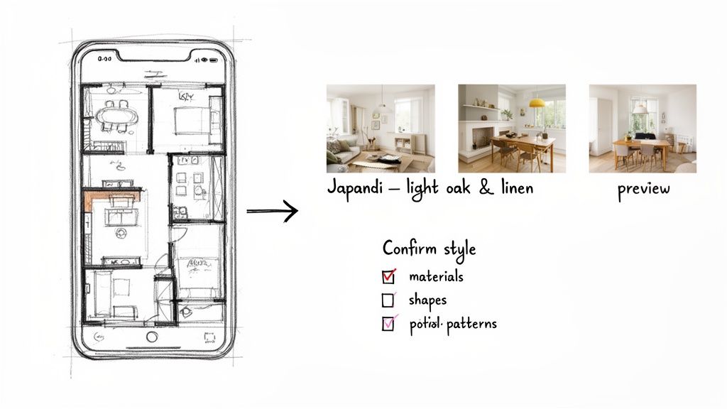 A phone displaying a floor plan with an arrow pointing to Japandi style room previews. Checked options for materials and patterns.