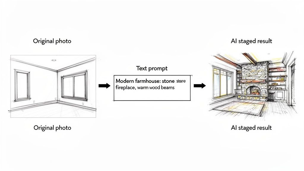 An AI virtual staging example transforming an empty room sketch into a modern farmhouse design.