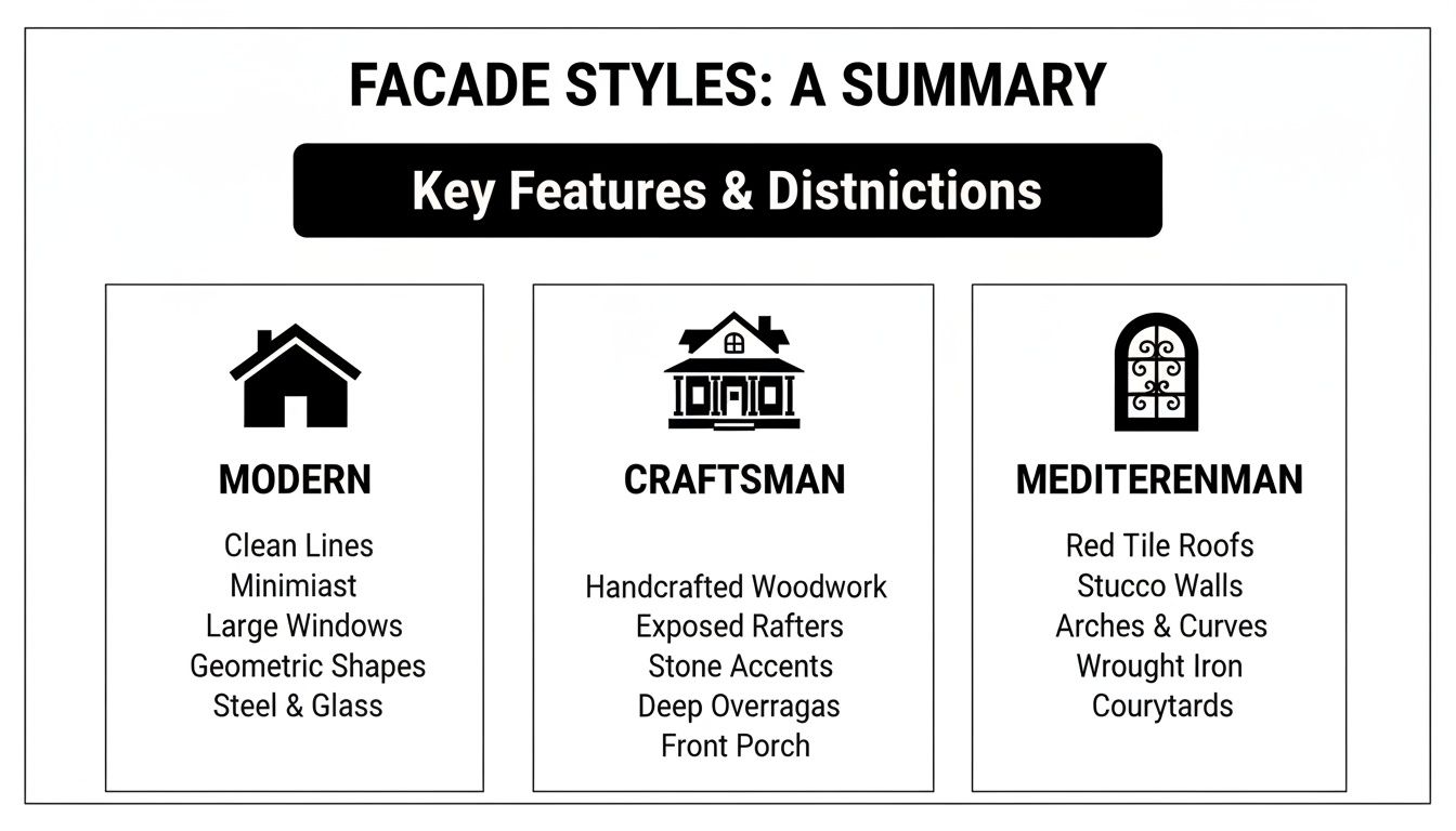 A summary chart detailing three facade styles: Modern, Craftsman, and Mediterranean, with their key features.