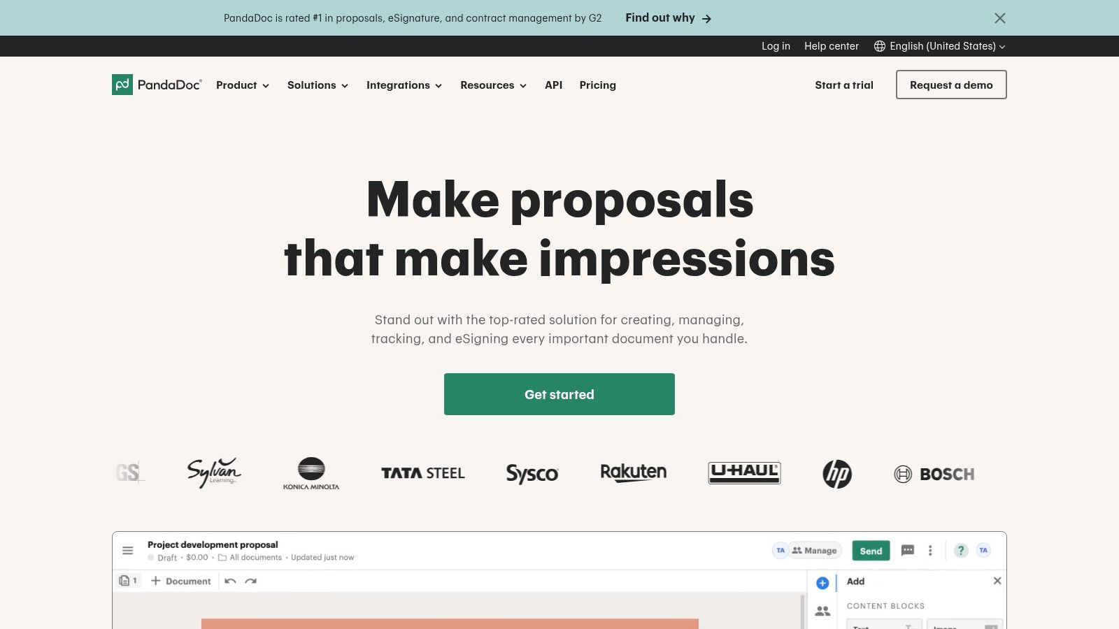 Uma captura de tela do modelo de proposta de design de interiores do PandaDoc mostrando seções limpas para serviços, preços e detalhes do projeto.
