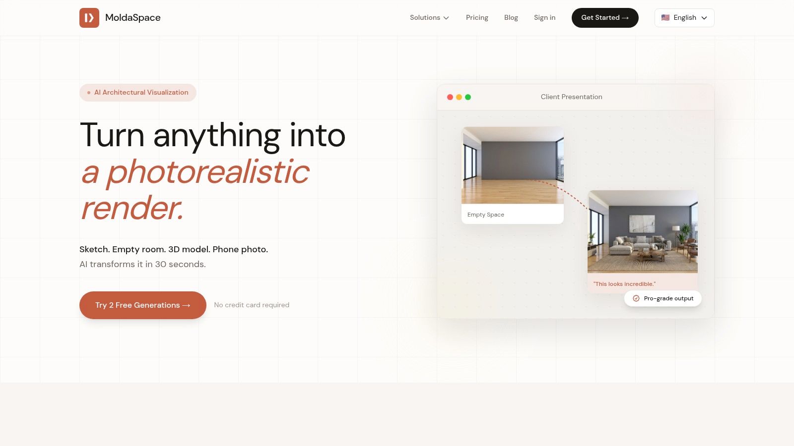 An AI-generated interior design rendering from MoldaSpace showing a modern living room with Japandi style influences, featuring light wood, neutral tones, and minimalist furniture.