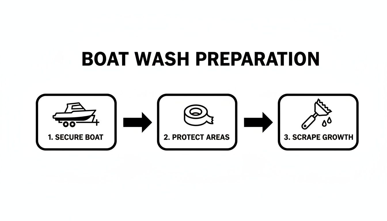 A diagram showing three steps for boat wash preparation: secure boat, protect areas, and scrape growth.
