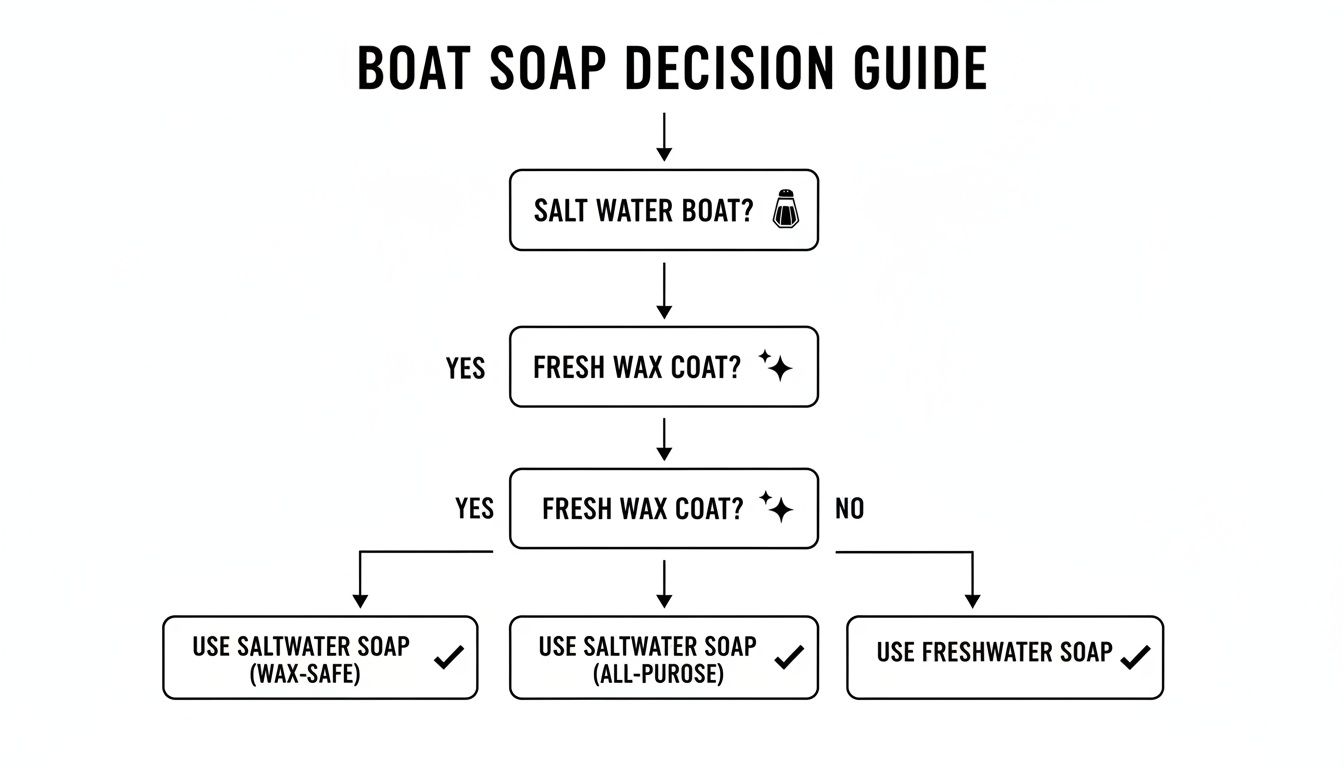 A flowchart titled 'BOAT SOAP DECISION GUIDE' helps determine the right soap for your boat based on water type and wax.