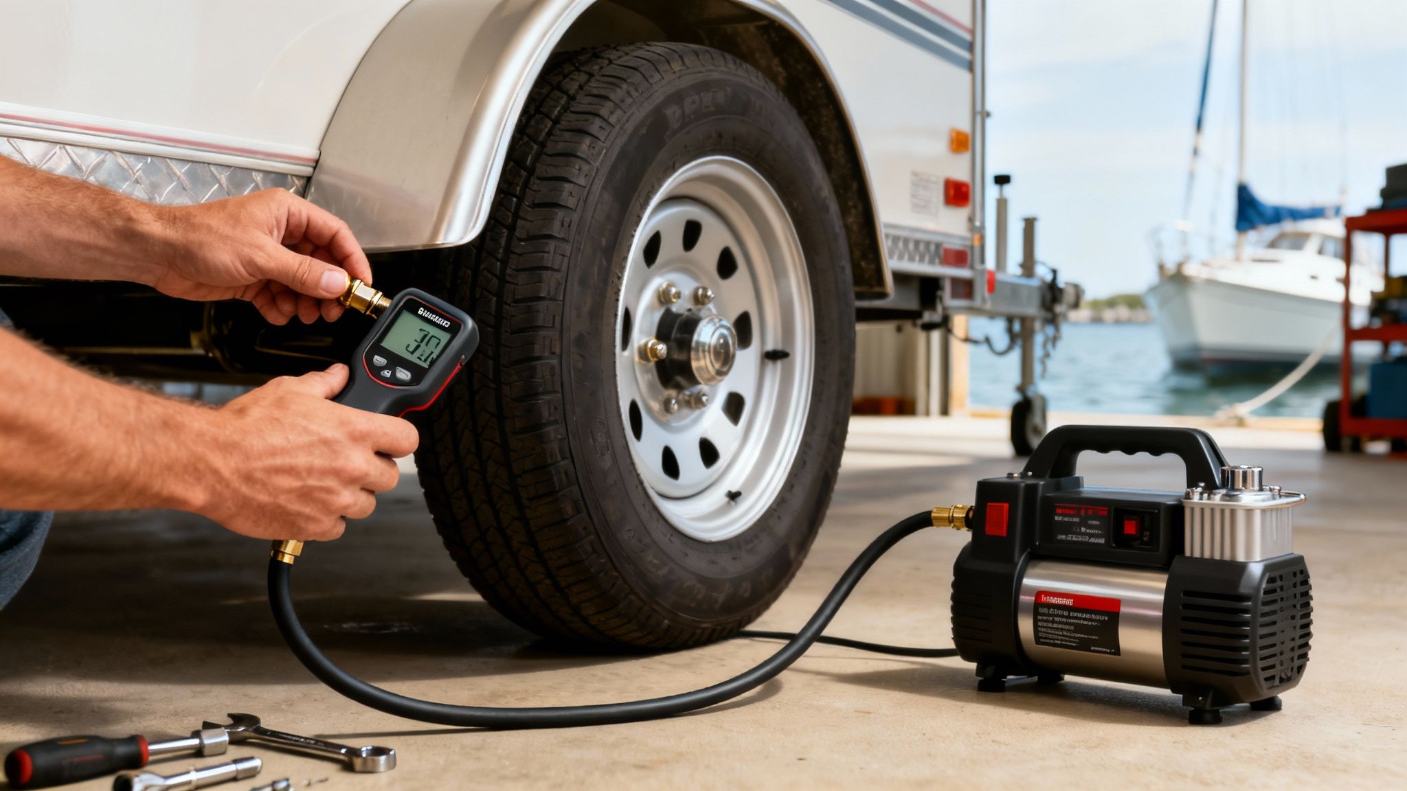 A person checks the tire pressure of a boat trailer using a digital gauge and air compressor.