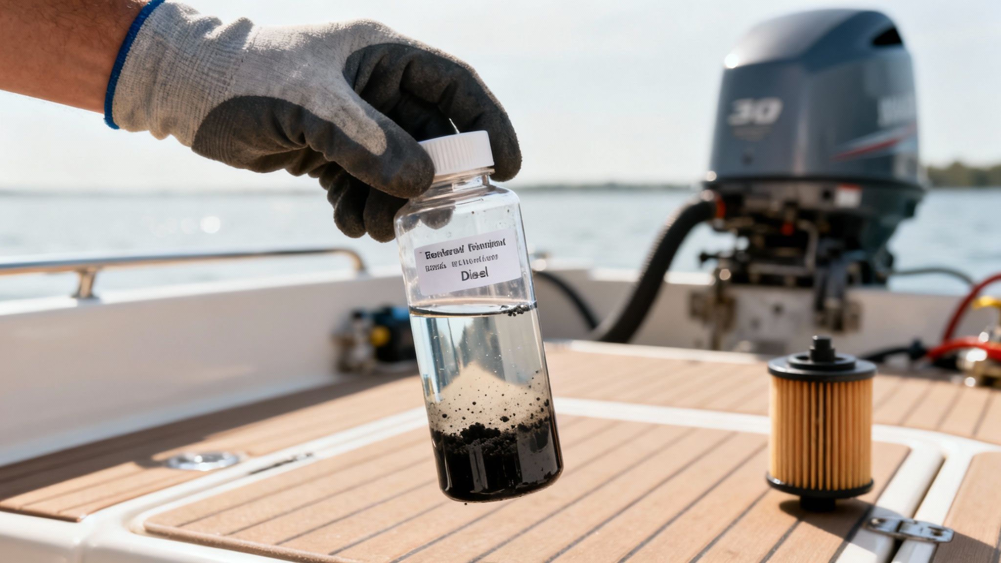 Hand holding a bottle with highly contaminated diesel fuel, showing water and black sludge, on a boat deck.
