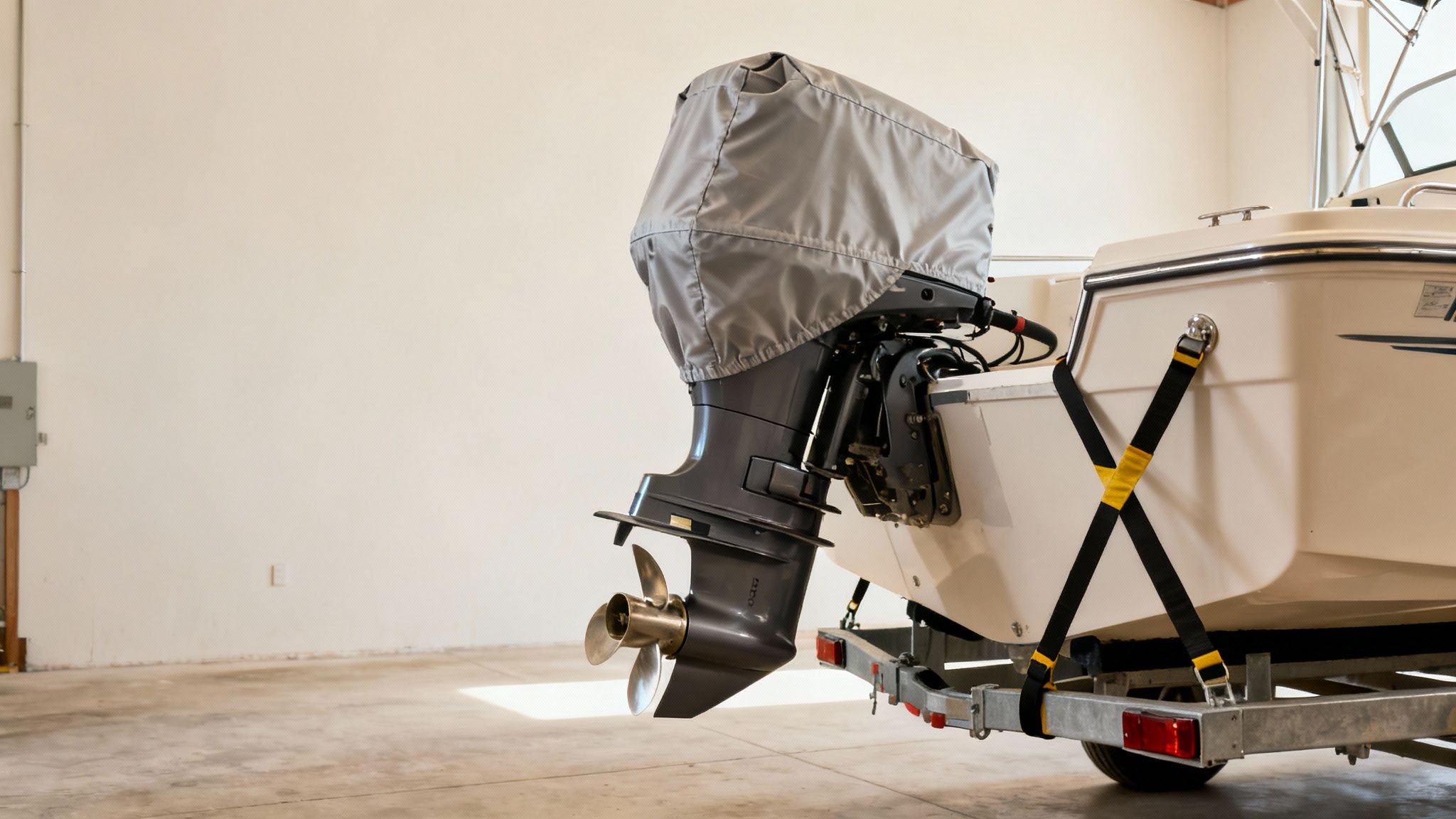 A boat's covered outboard motor and stern secured on a trailer in a storage facility.