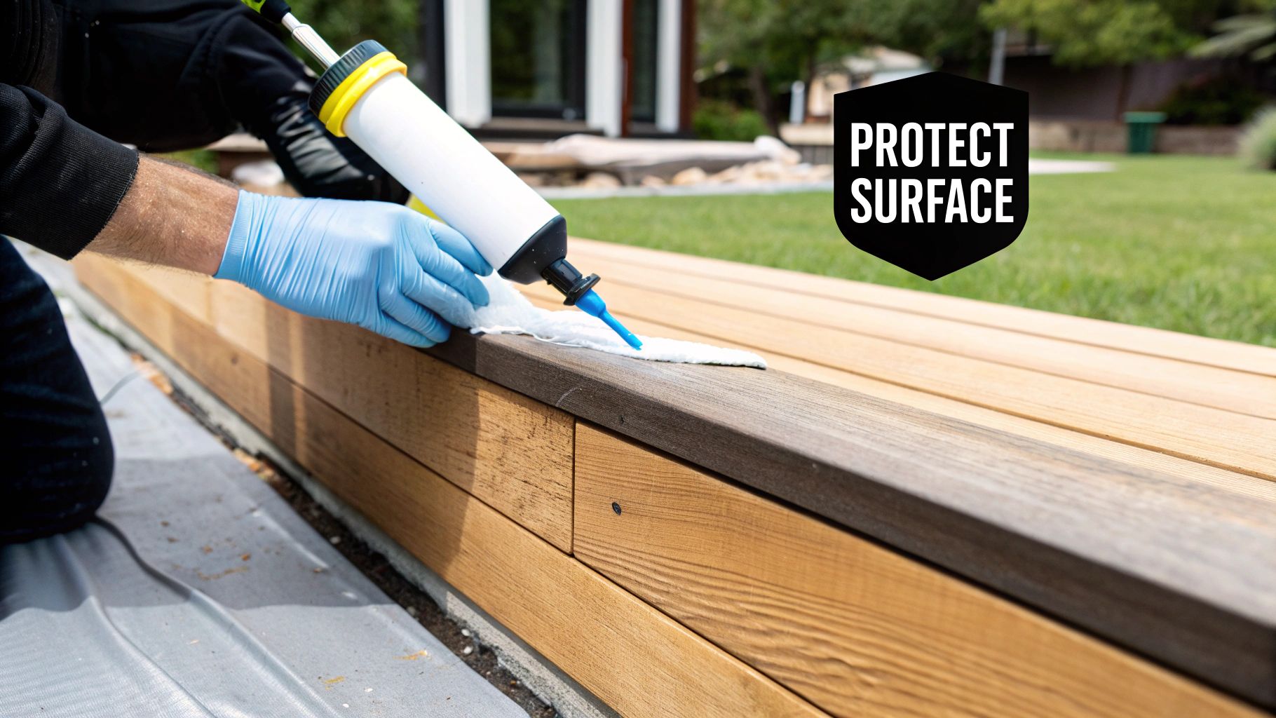 A person's hand wearing a protective glove using a soft-bristle brush to scrub a teak wood surface.