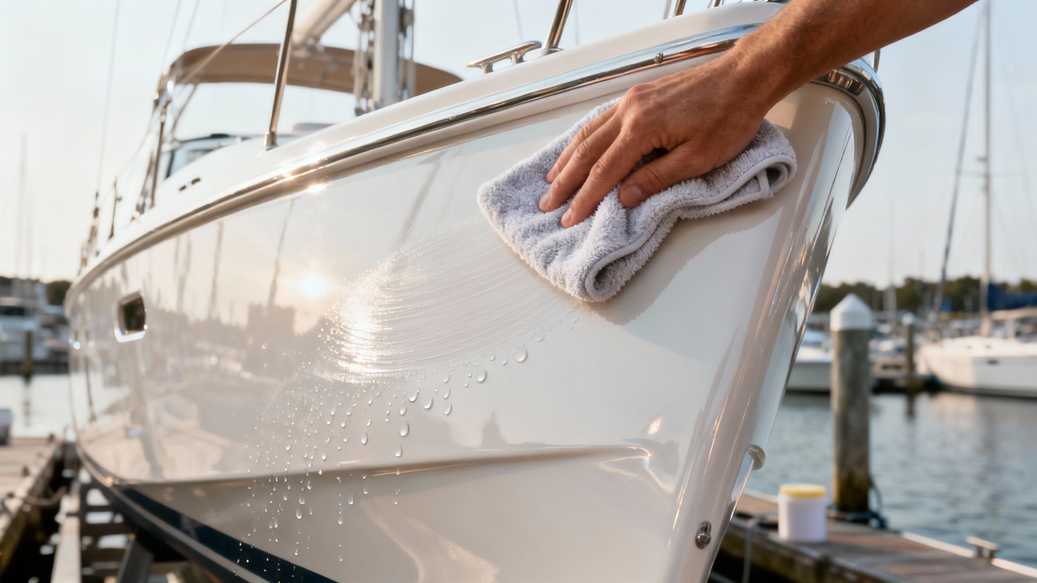 Waxed boat hull shining