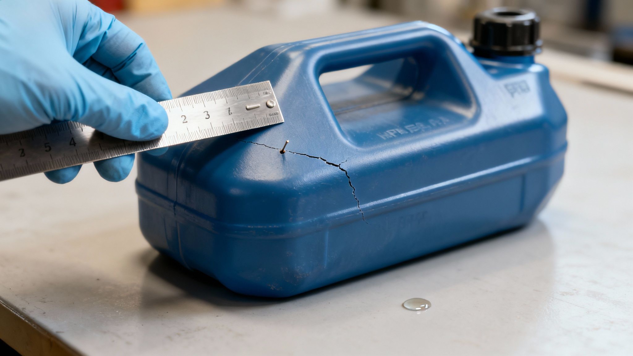A person inspecting a plastic gas tank for cracks before an epoxy repair.