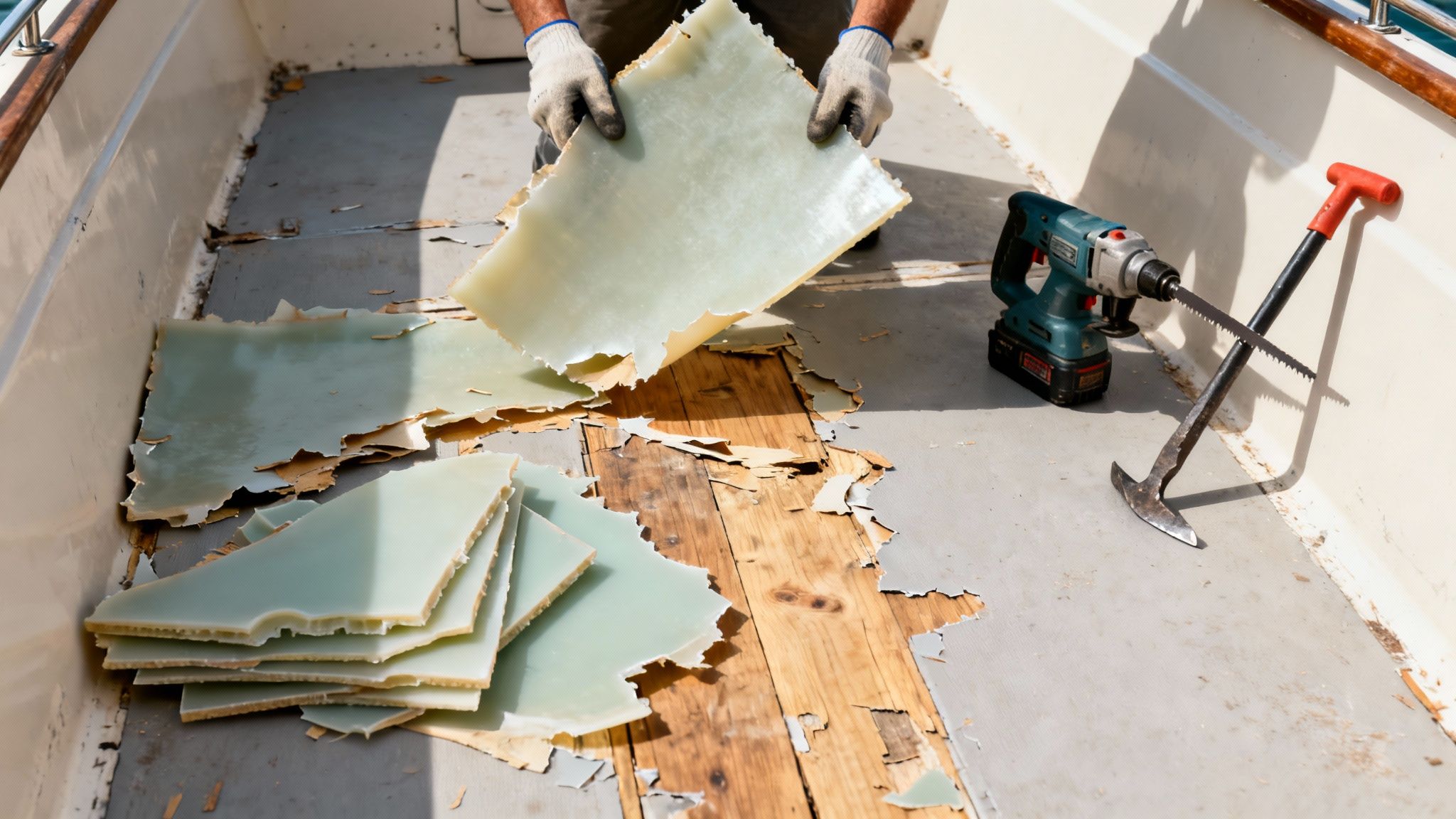 A person in work gloves removes old, peeling flooring from a boat, revealing damaged wood. Tools are nearby.