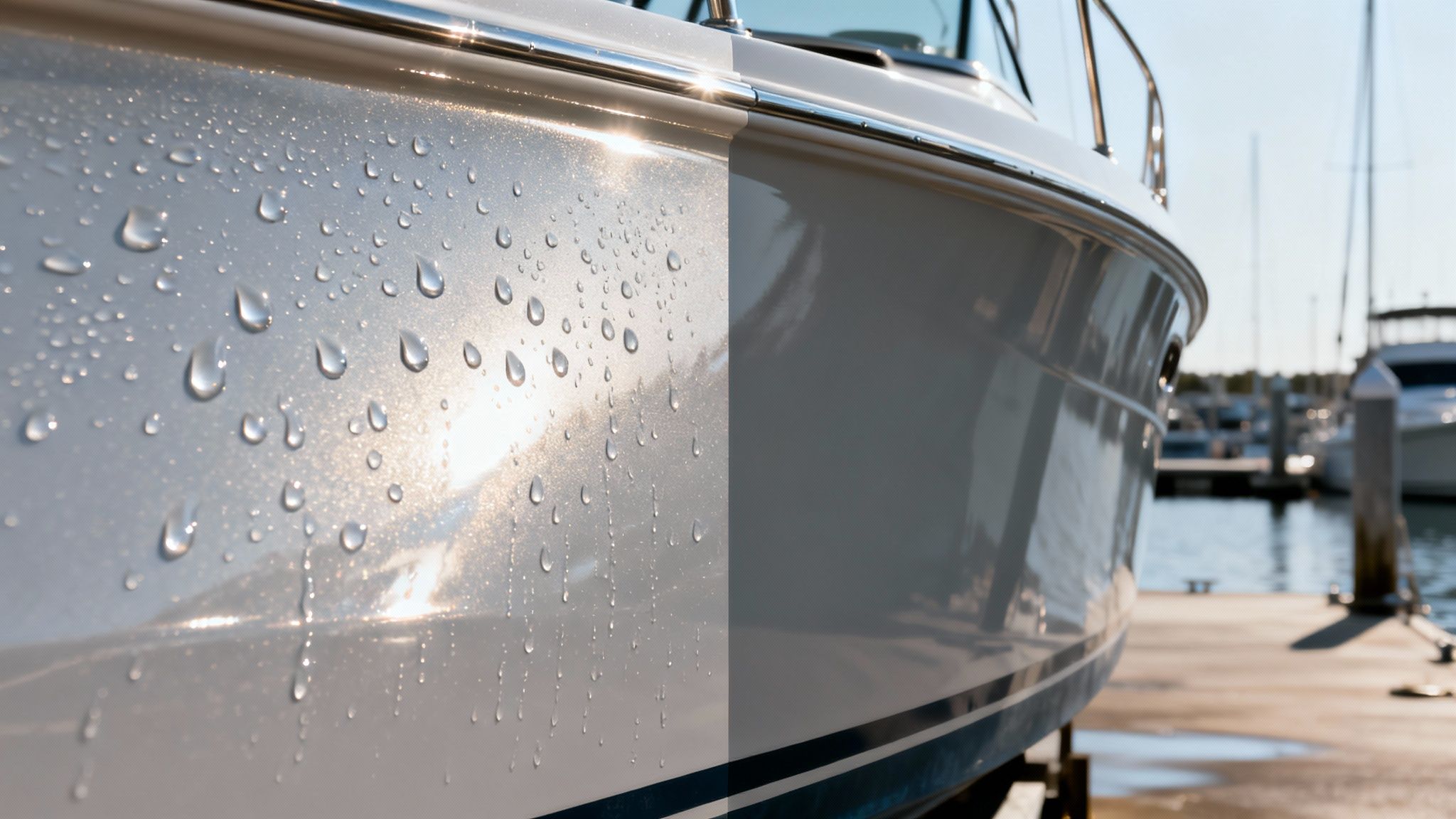 Boat hull comparison with water beading on one side and a smooth, clean finish on the other, reflecting sunlight.