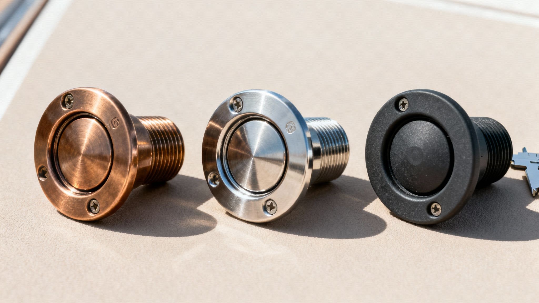 Three thru-hull boat fittings in bronze, stainless steel, and black plastic on a light surface.