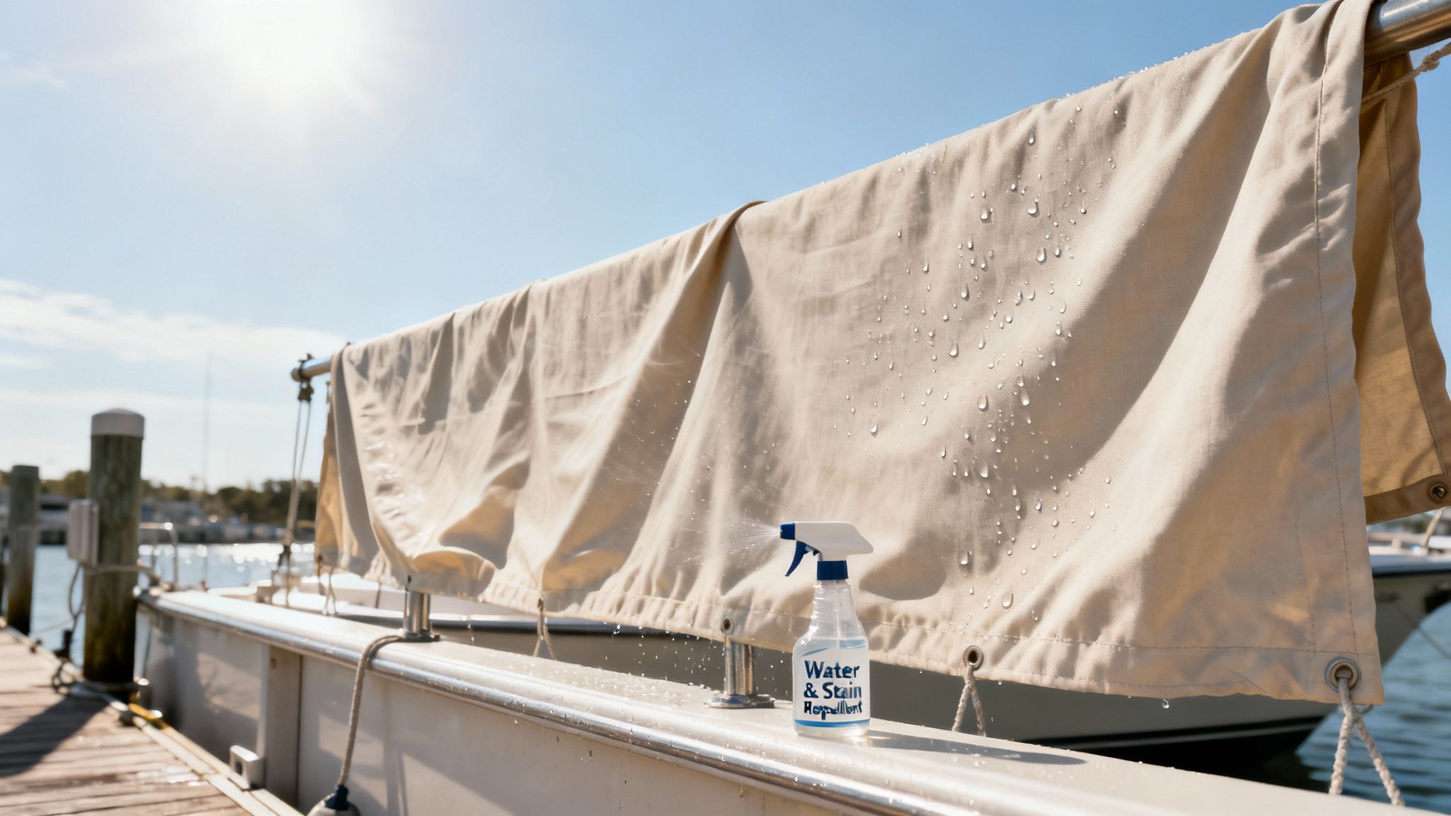 A spray bottle applies water and stain repellent to a boat canvas cover, demonstrating water beading on the fabric.