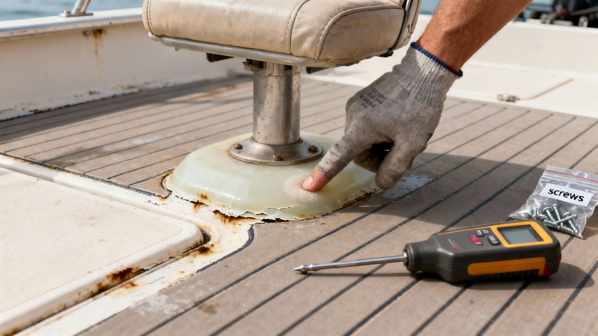 A gloved hand points to corrosion around a boat seat base, with a moisture meter and screws nearby.