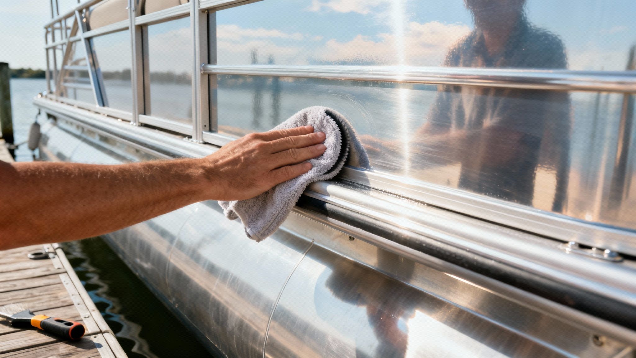 A person applying polish with a microfiber cloth to a shiny, clean aluminum pontoon.