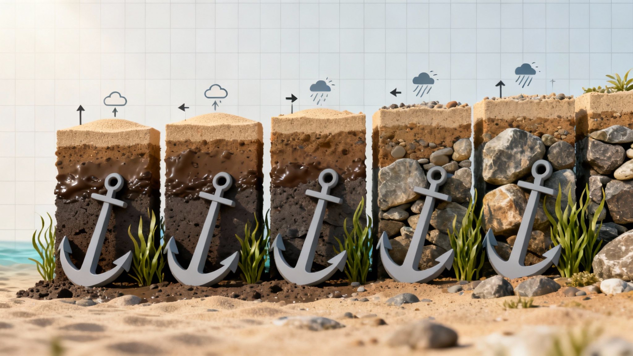 Geological cross-section diagram showing soil layers with anchors illustrating different ground anchor types and depths