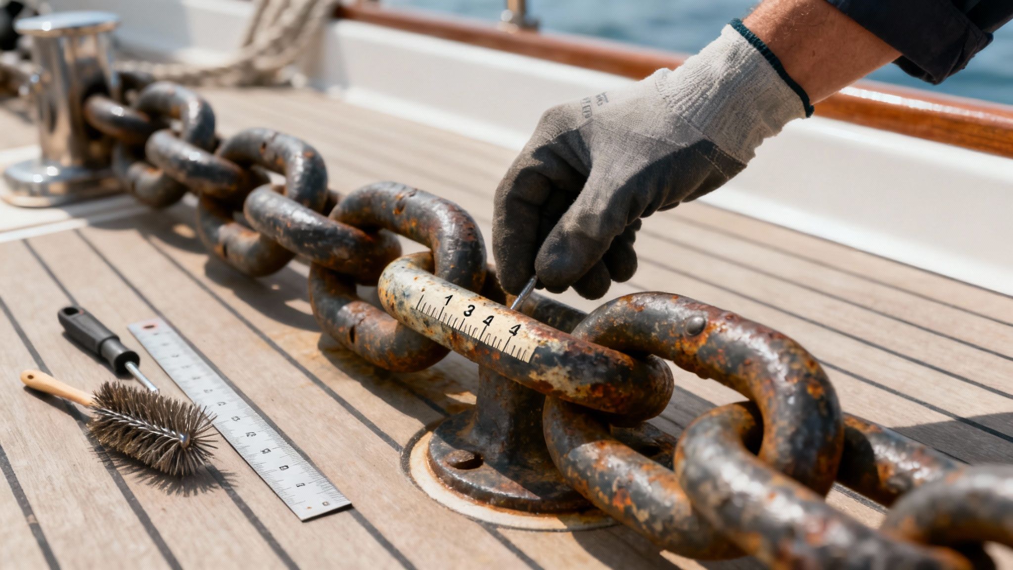 A boat anchor chain being inspected for rust and wear on a wooden dock.
