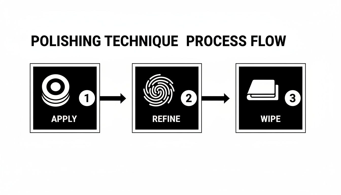 A polishing technique process flow diagram illustrating three steps: apply, refine, and wipe.