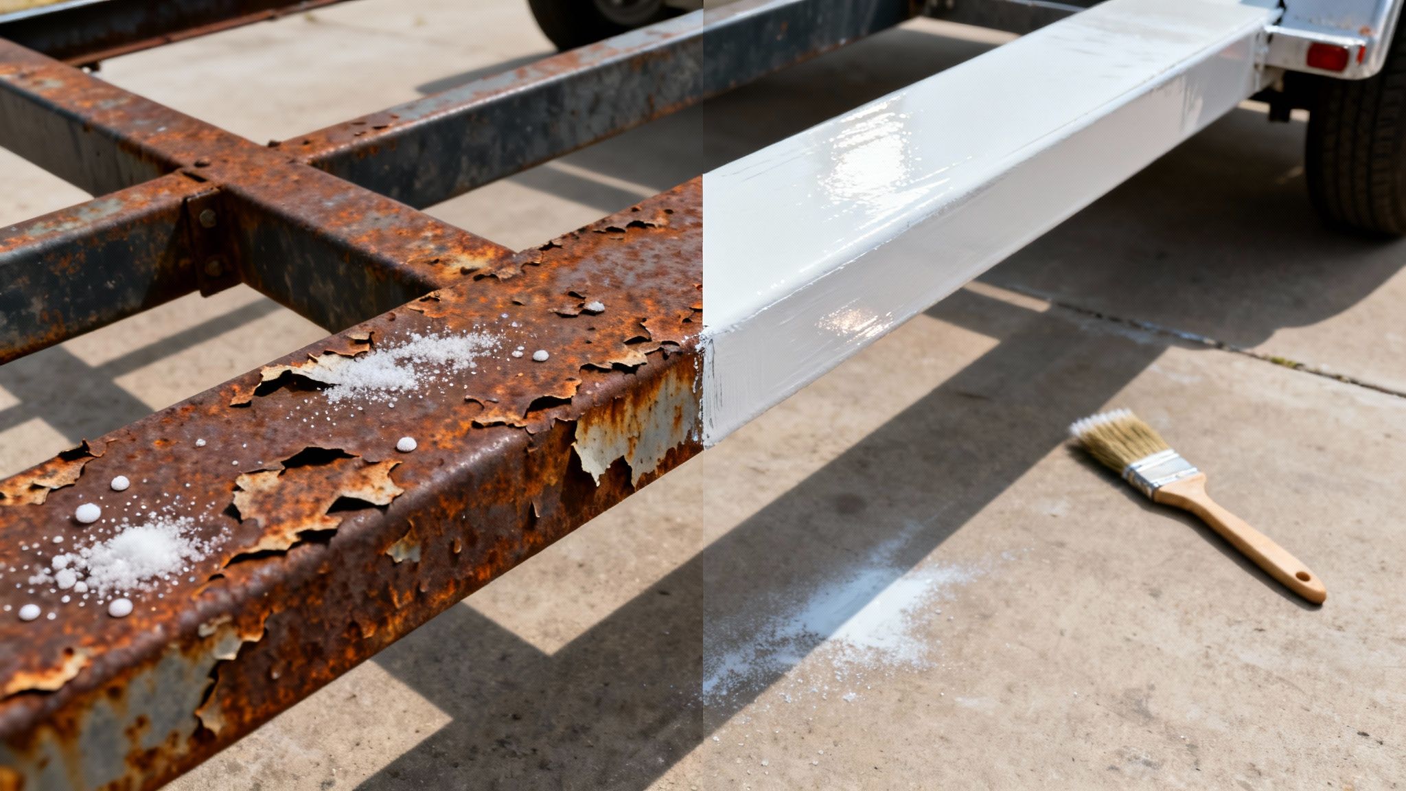 Before and after image of a rusted boat trailer frame being painted white with a brush.