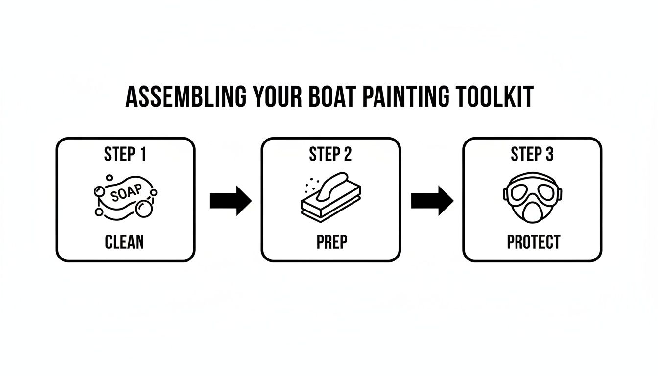 Three-step diagram for assembling a boat painting toolkit: clean, prep, and protect stages.