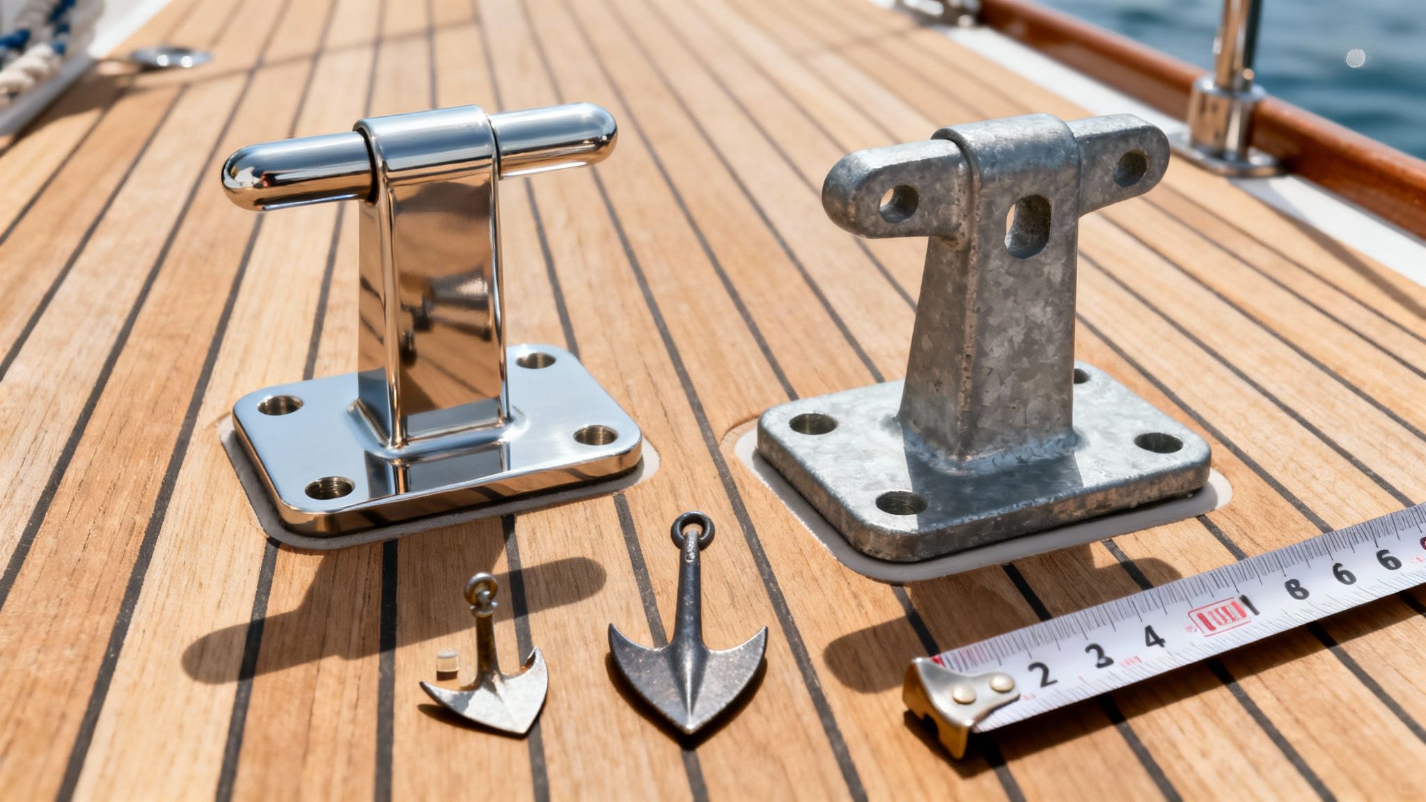 Two boat cleats, two miniature anchors, and a measuring tape on a wooden boat deck.