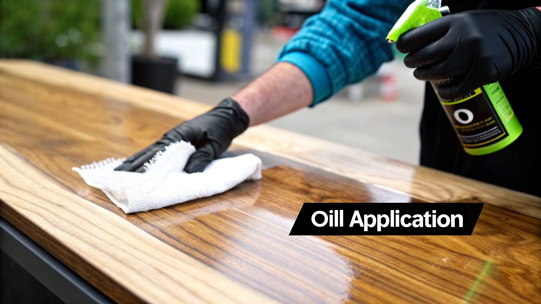 A hand applying teak oil to a wooden surface with a lint-free cloth