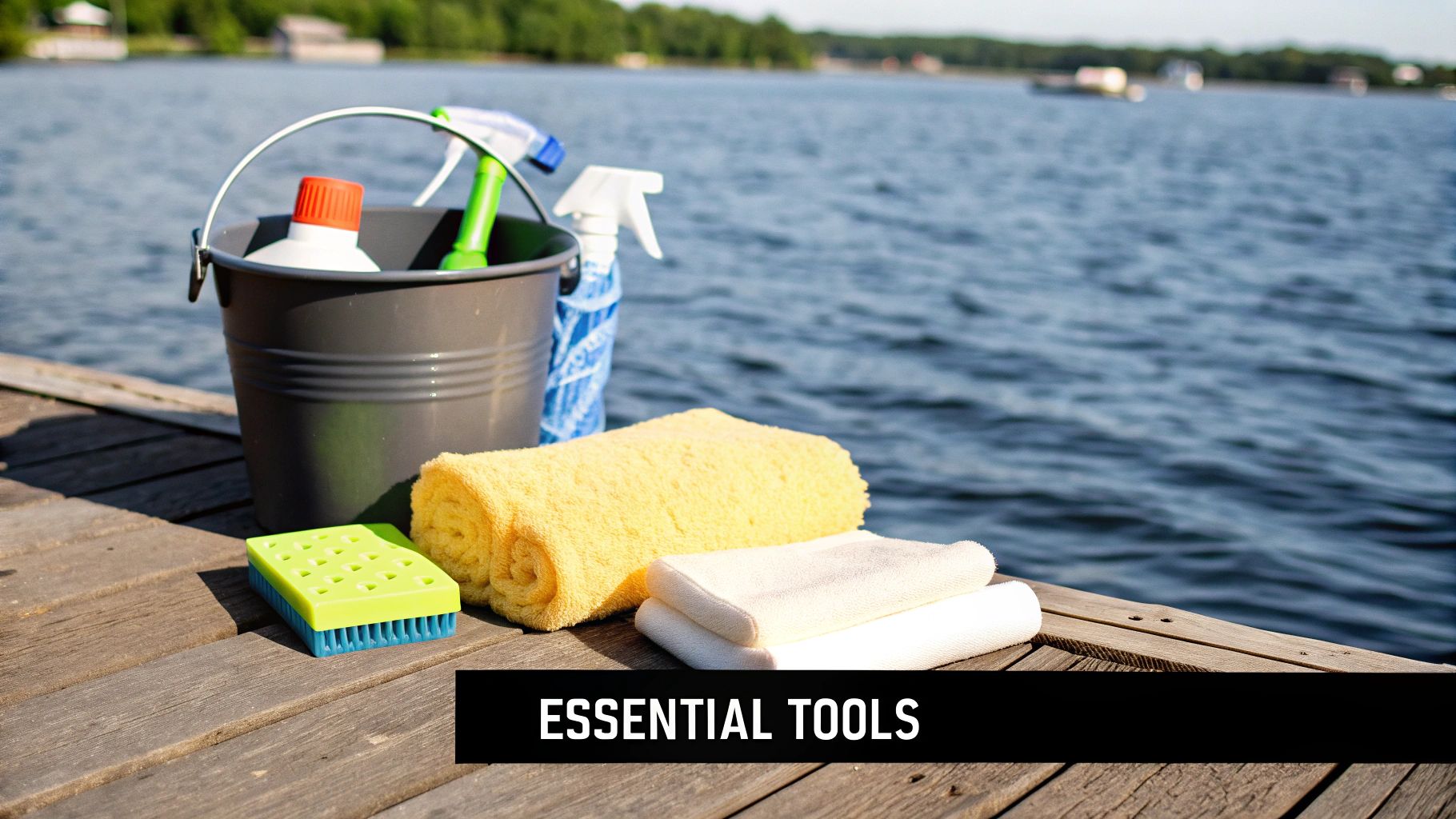 A person wearing blue gloves using a brush to clean the side of a white fiberglass boat