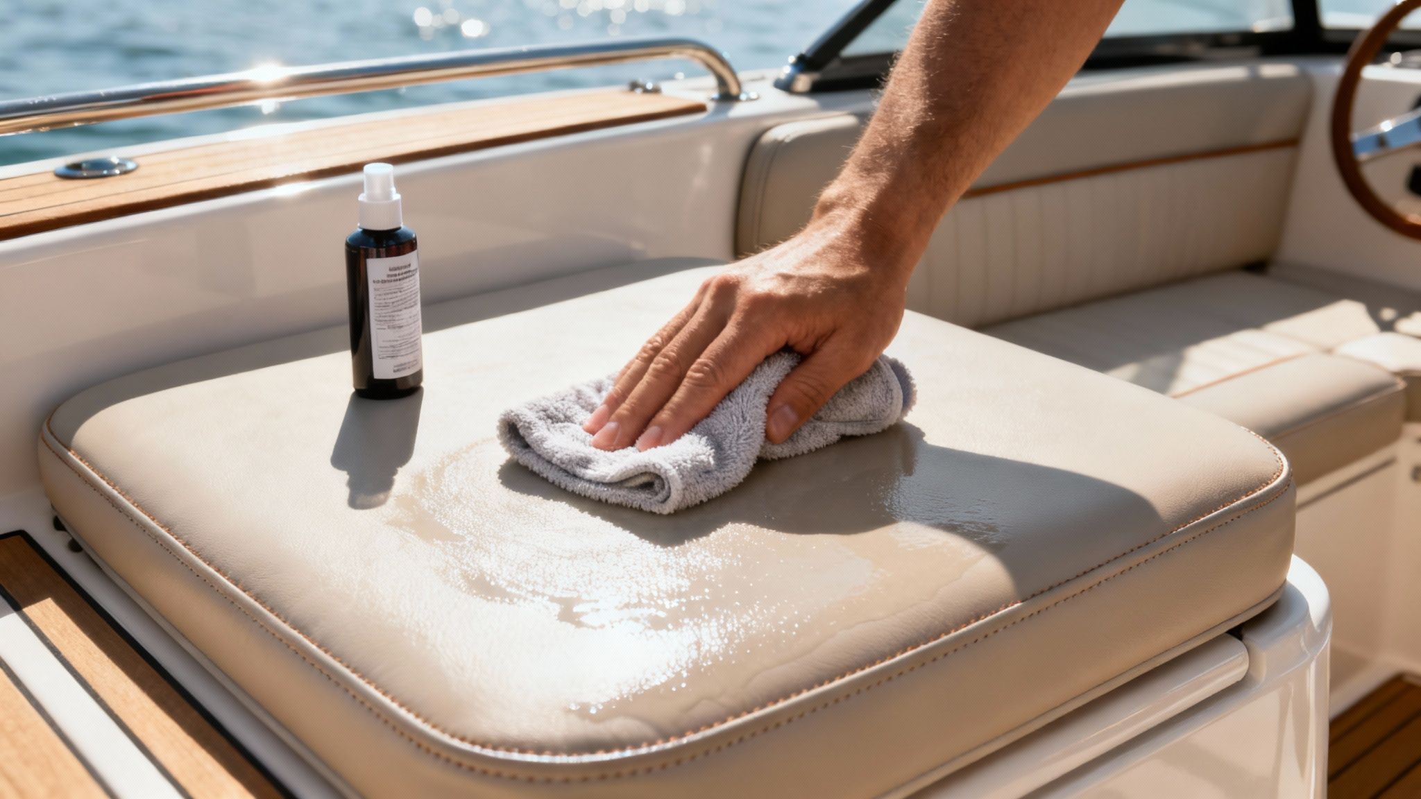 Boat owner applying a protectant to clean vinyl seats.