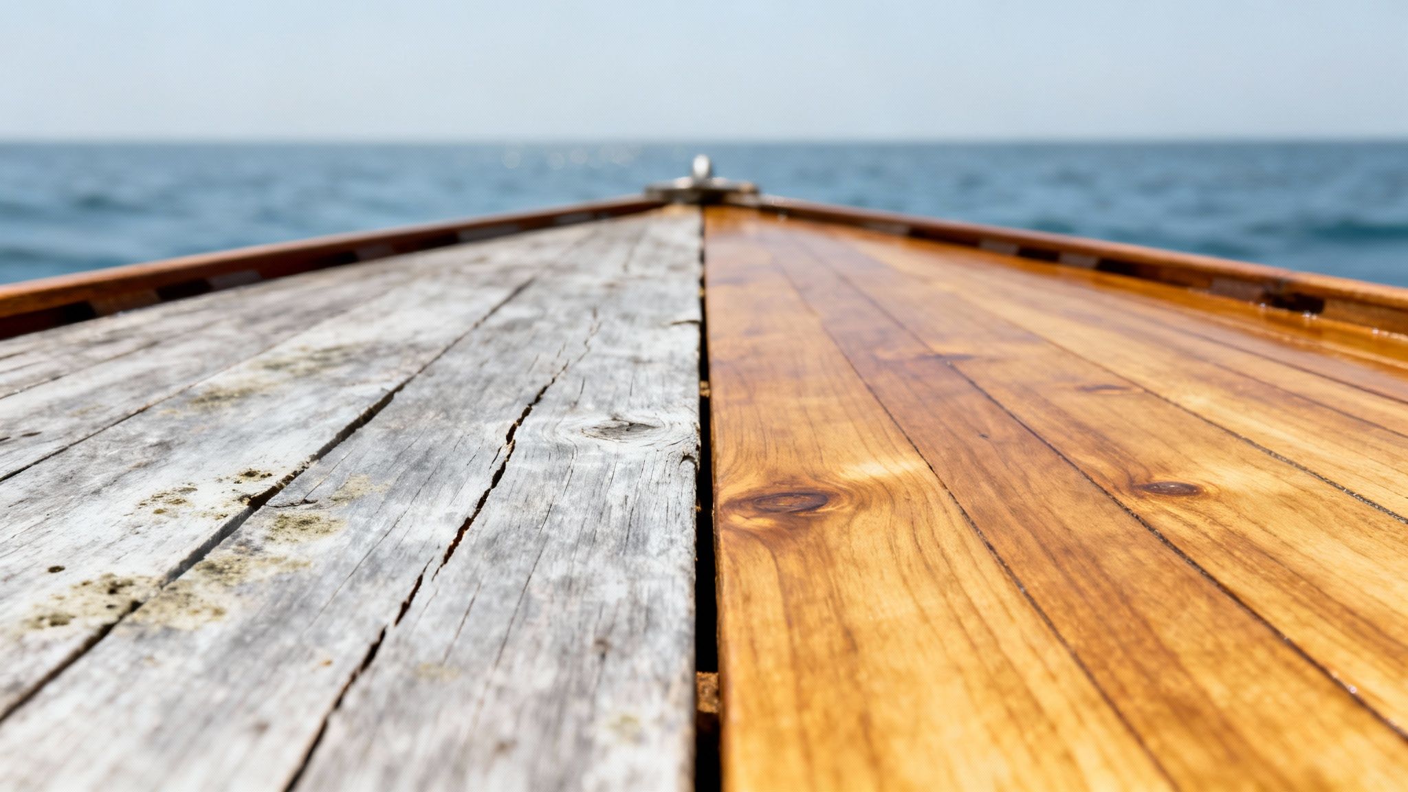 A close-up of a boat's teak deck with water beading on the protected wood, showcasing its golden color.