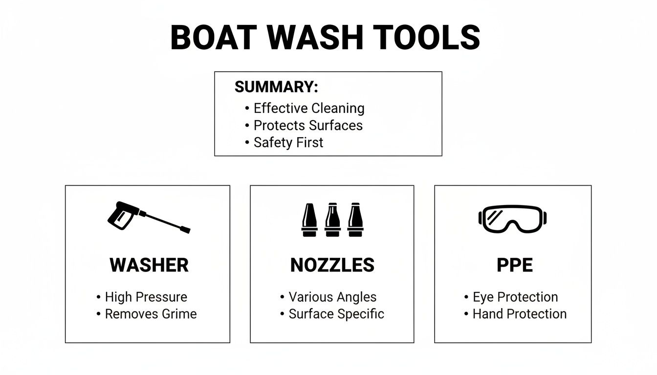 An infographic showing essential boat wash tools: washer, nozzles, and personal protective equipment for effective cleaning.