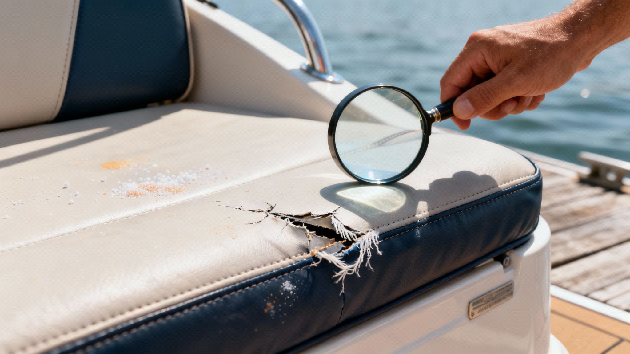 A hand holds a magnifying glass inspecting a ripped vinyl boat seat with salt.