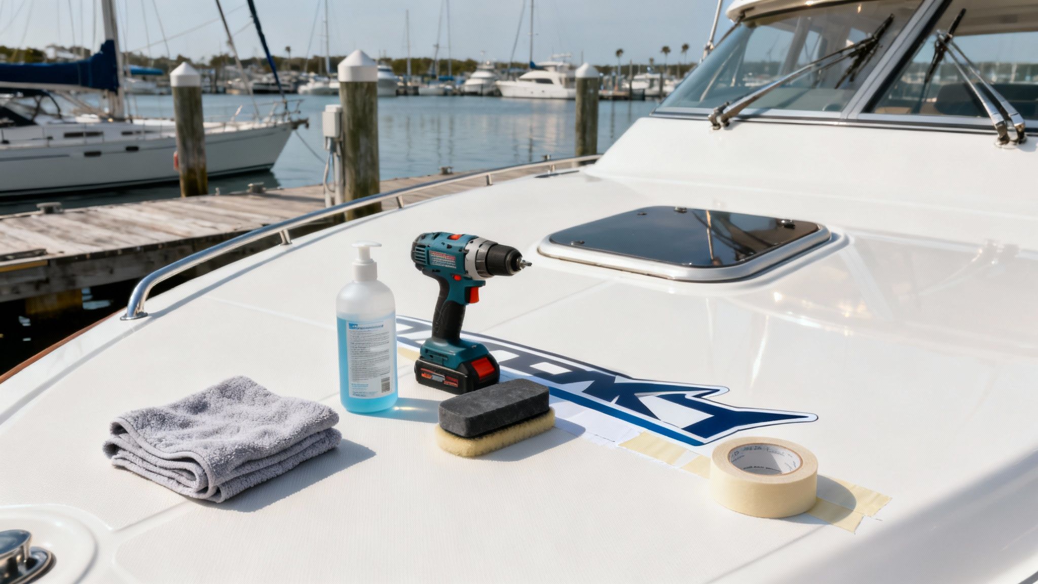 A person buffing the side of a white boat hull with a power polisher, creating a visible shine.